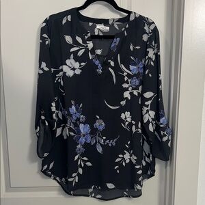 Maurices Black Blouse with Blue and White Floral Design